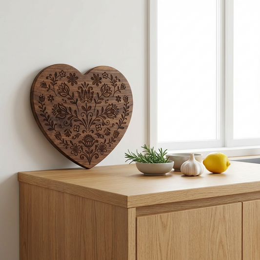 Heart-Shaped Walnut Wood Cutting Board with Floral Engraving