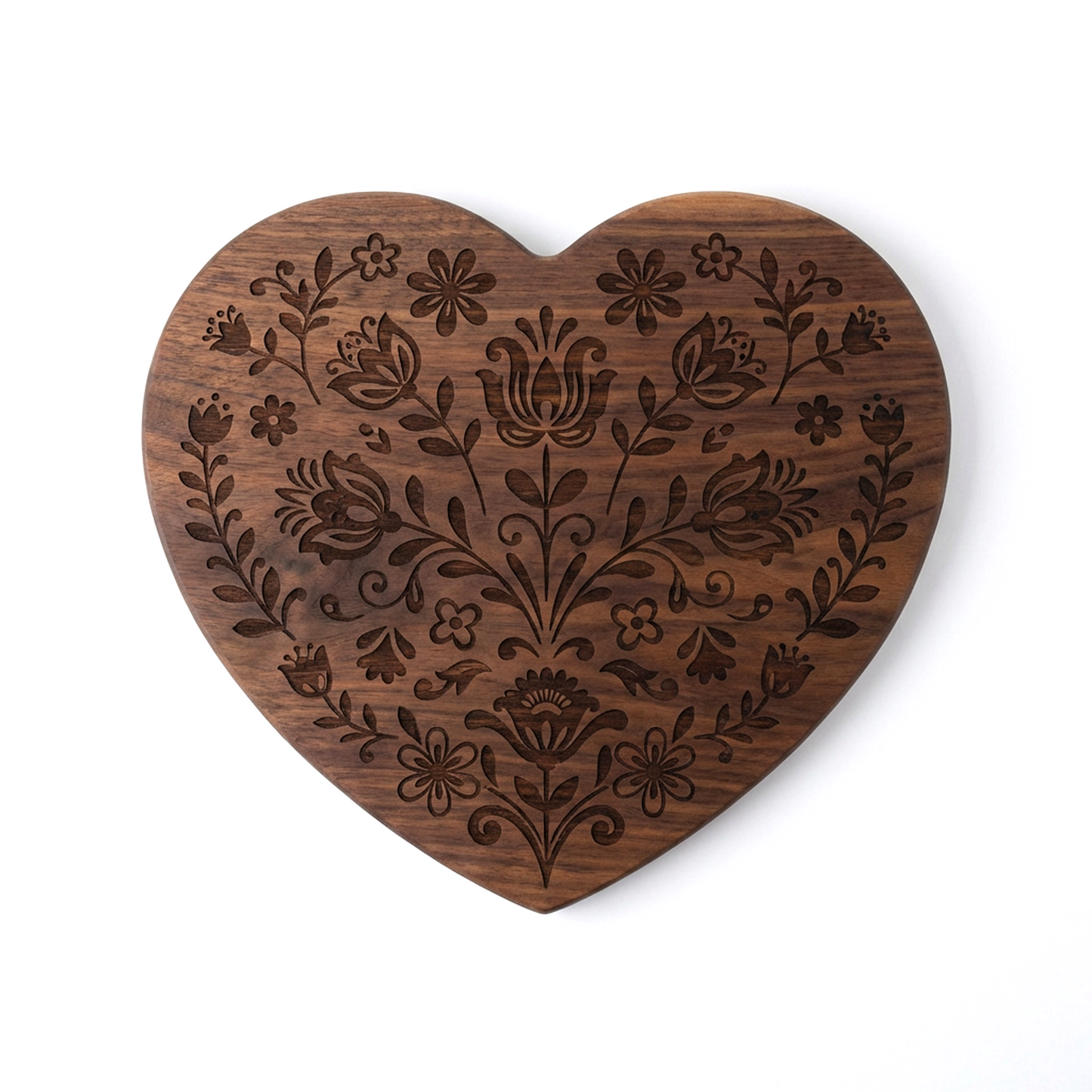 Heart-Shaped Walnut Wood Cutting Board with Floral Engraving