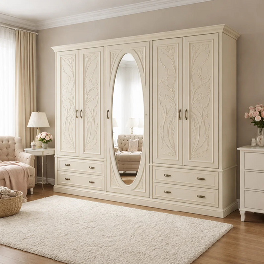 French Vintage Wardrobe Armoire with Oval Mirror
