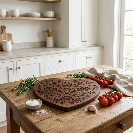 Heart-Shaped Walnut Wood Cutting Board with Floral Engraving