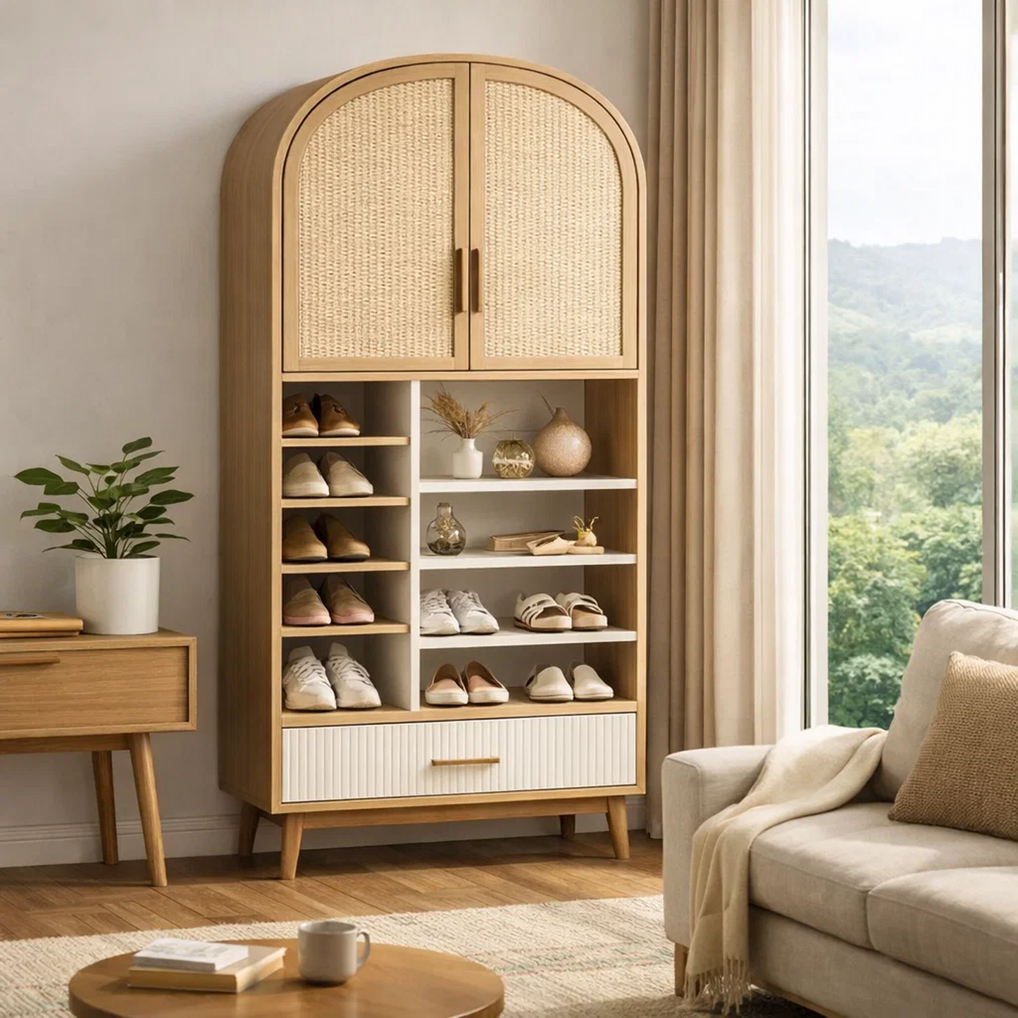Arched Rattan Door Storage Cabinet with Drawer