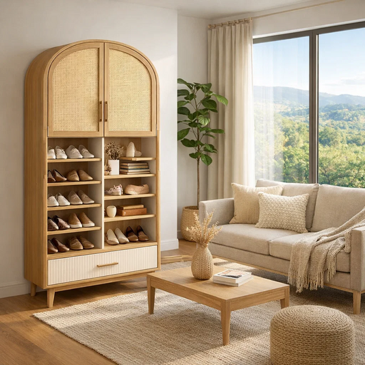 Arched Rattan Door Storage Cabinet with Drawer