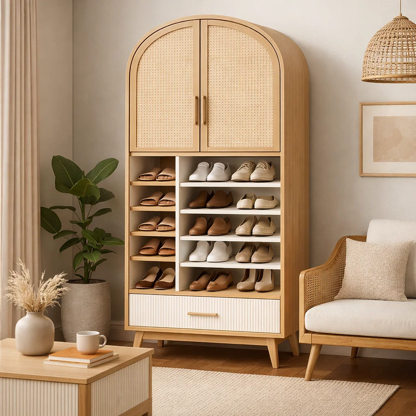 Arched Rattan Door Storage Cabinet with Drawer