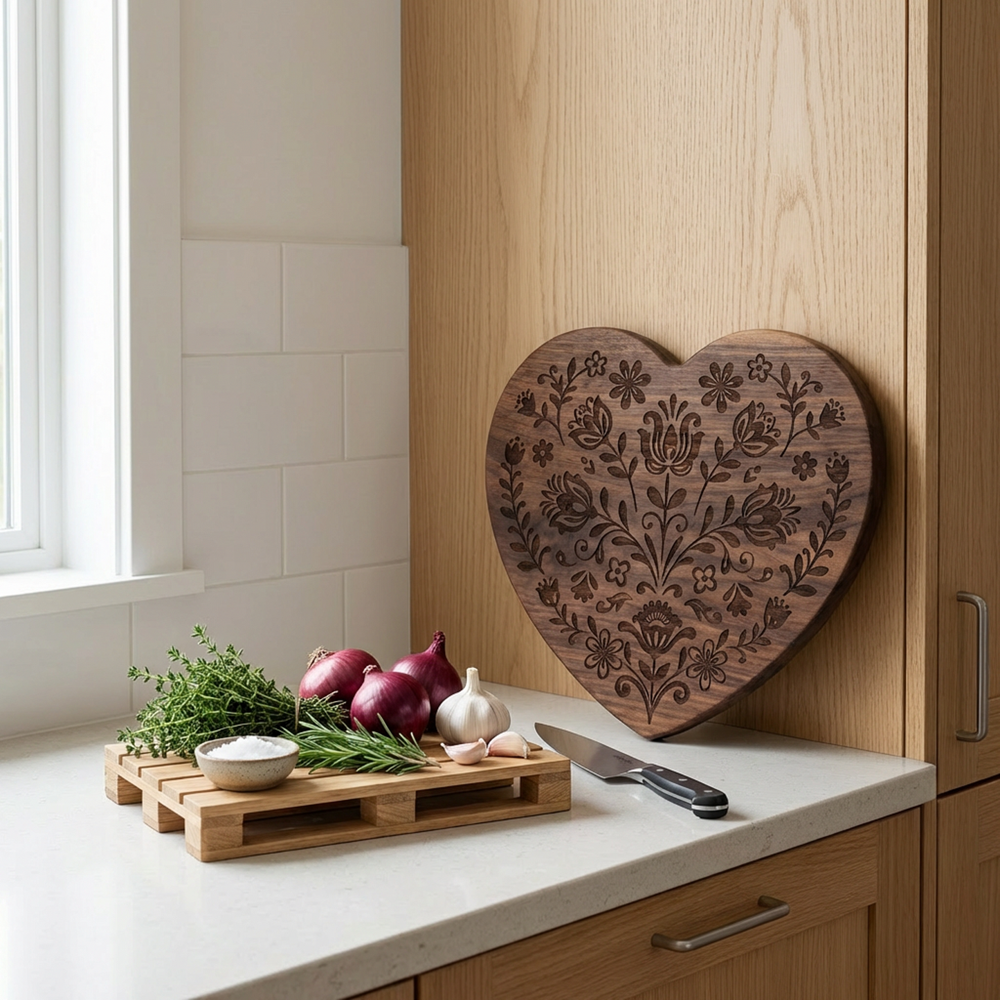 Heart-Shaped Walnut Wood Cutting Board with Floral Engraving