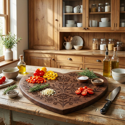 Heart-Shaped Walnut Wood Cutting Board with Floral Engraving