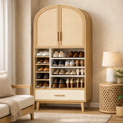 Arched Rattan Door Storage Cabinet with Drawer