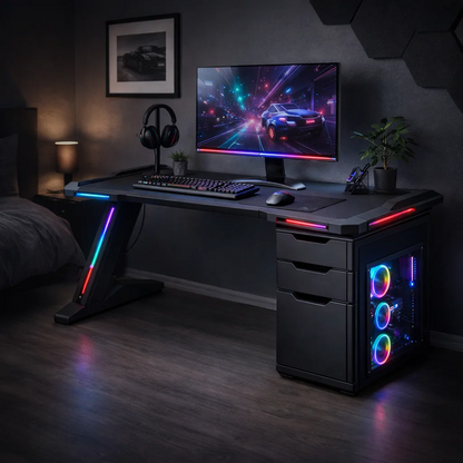 RGB LED Gaming Desk with 3-Drawer Storage Cabinet