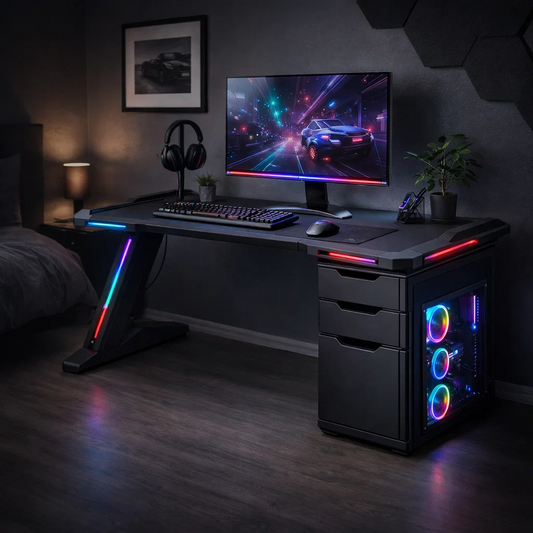 RGB LED Gaming Desk with 3-Drawer Storage Cabinet