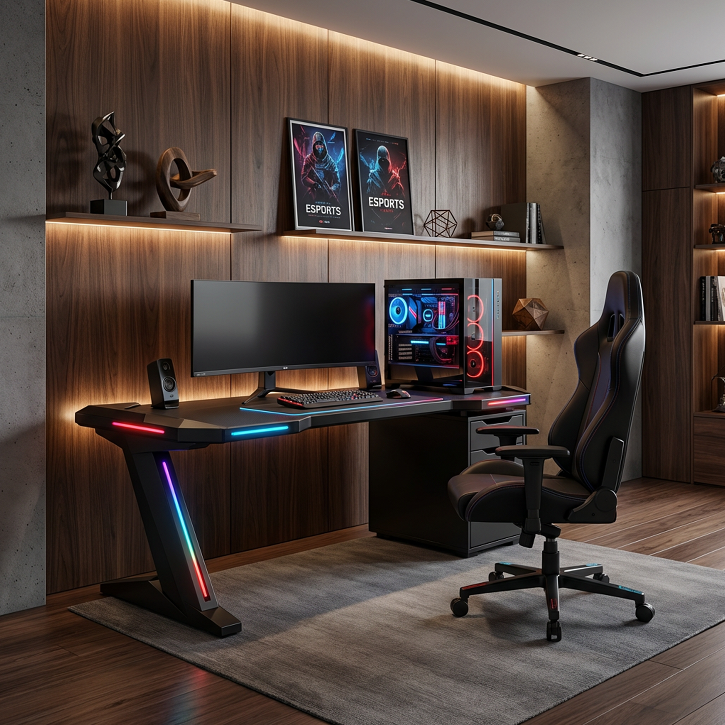 RGB LED Gaming Desk with 3-Drawer Storage Cabinet