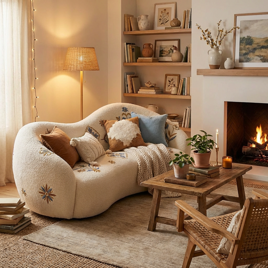 Embroidered Bouclé Loveseat Sofa