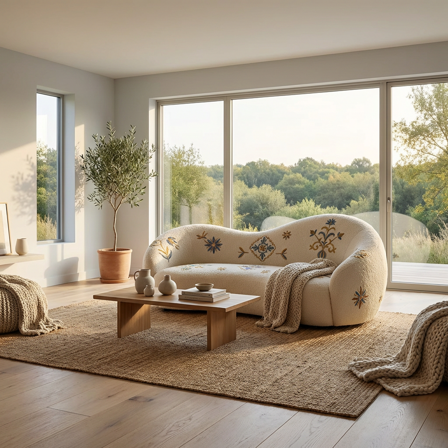 Embroidered Bouclé Loveseat Sofa