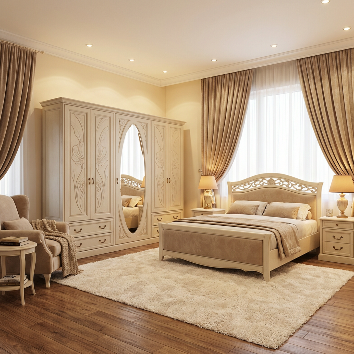 French Vintage Wardrobe Armoire with Oval Mirror