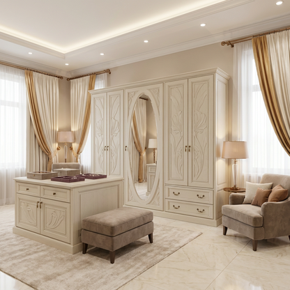 French Vintage Wardrobe Armoire with Oval Mirror