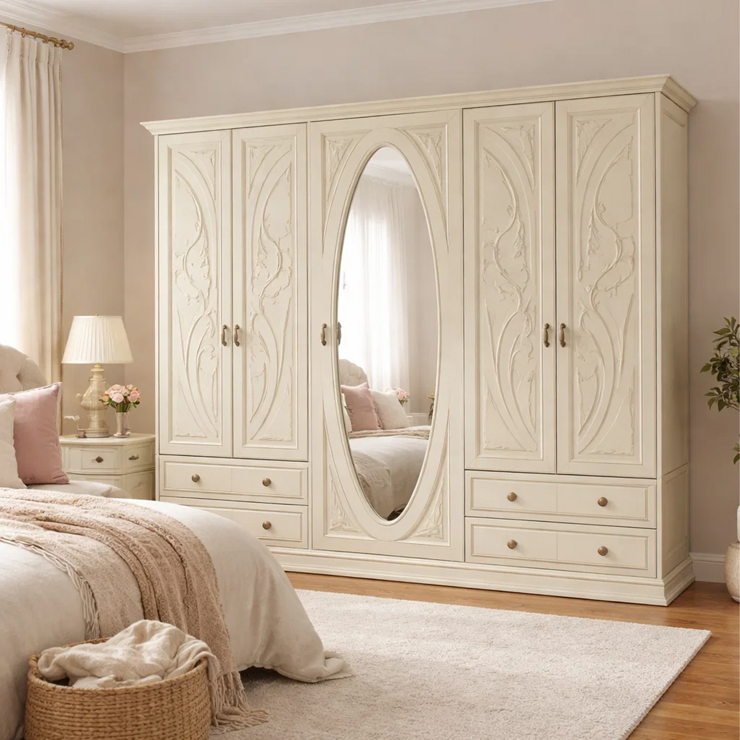 French Vintage Wardrobe Armoire with Oval Mirror